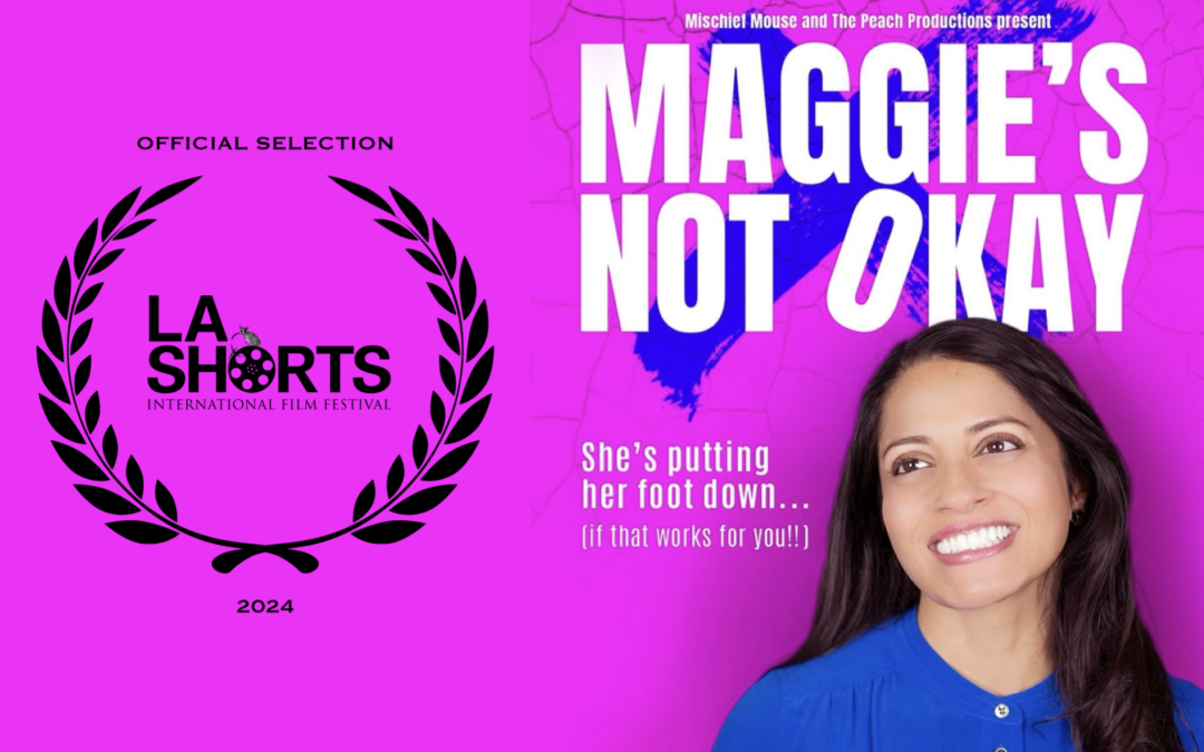 Movie poster for the film "Maggie's Not Okay", She's putting her foot down, that works for you! 2024 entry at the LA Shorts International Film Festival. Maggie, woman dressed in blue blouse, smiles lovingly at the camera, cropped on top of a bright, matte magenta background.